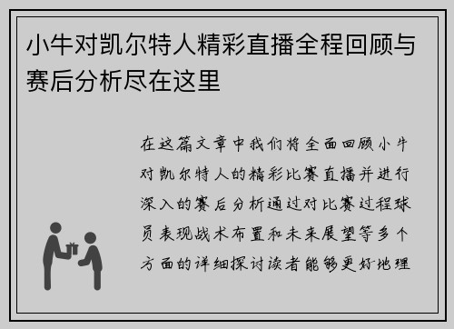 小牛对凯尔特人精彩直播全程回顾与赛后分析尽在这里